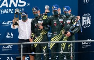 Nicki Thiim, Marco Sørensen og Richard Westbrook på Le Mans-podie 2020 med Jan Struve