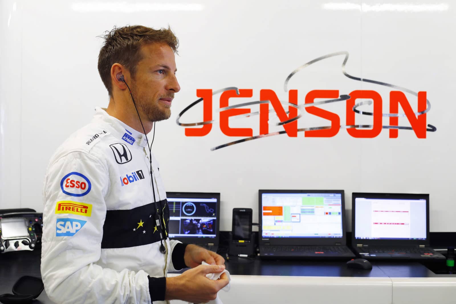 Jenson Button in the garage.