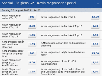 Kevin Magnussen odds: Spil på Kevin Magnussen her