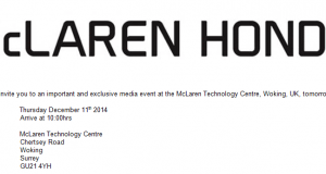 McLaren-Honda inviterer - endeligt - til pressemøde. Snip fra invitation